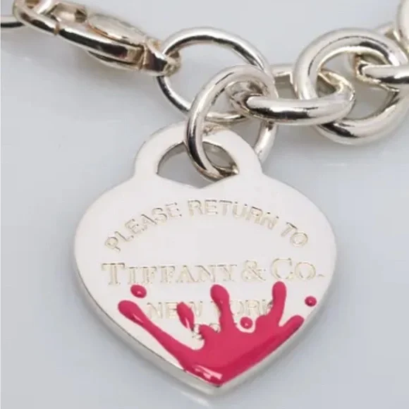 Rare Tiffany & Co. Pink Splash Return to Tiffany Heart Tag Silver Charm Bracelet - Picture 5 of 8